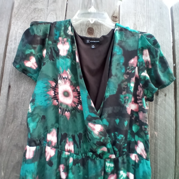 I.N.C International Dress Womens Sz 12P Green Floral Print Hi Low Short Sleeves - Picture 4 of 11